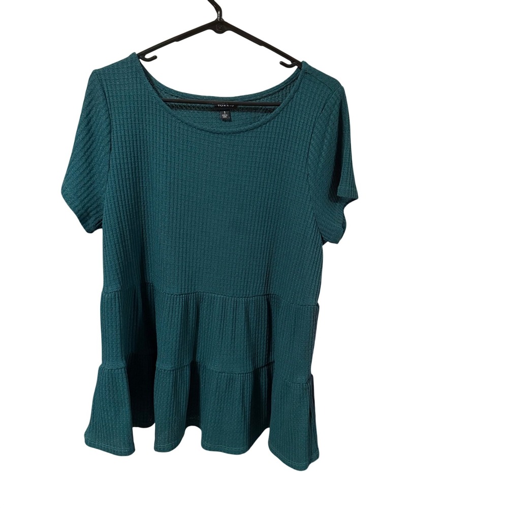 Torrid Emerald‎ Green Waffle Knit Tiered Peplum Babydoll Top Size 1 Plus Size